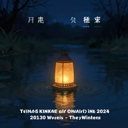 lantern floating in a river, evocative, dark night, detailed, award - winning, trending on artstation artwork by thomas kinkade,