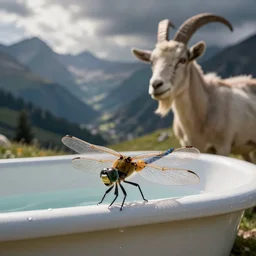 dragonfly in a bathtub in the alps, big goat in the background
