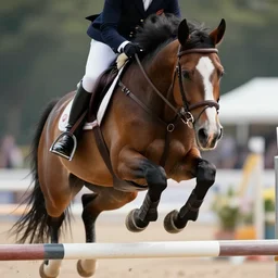 close up ground level shot of a rider on a hybrid ( my little pony ) horse jumping a hurdle, a horse jumping a over a hurdle, a horse that's ( my little pony ), professional, dramatic lighting, high quality, dof, bokeh, action