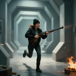 woman running down hallway, wearing black beanie and black bomber jacket, holding shotgun, in an underground lab, MC Escher style architecture, sterile, unknown location, light and shadows, fire, bullet shells flying, 4k, cinematic, unreal engine