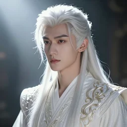 a portrait of a young handsome prince with white hair, elegant, beautiful, backlit, incredible lighting, strong rim light, highly detailed, god rays, digital painting, HDRI, by Heise Jinyao, Heise-Lian Yan Fang, Feimo, Richard Taddei, vivid colors, high contrast, 8k resolution, intricate, photorealistic, smooth