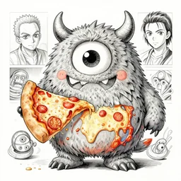 a cute monster made of pizza, watercolor, pen and ink, intricate line drawings, by Yoshitaka Amano, Ruan Jia, Kentaro Miura, Artgerm, detailed, trending on artstation, hd, masterpiece,