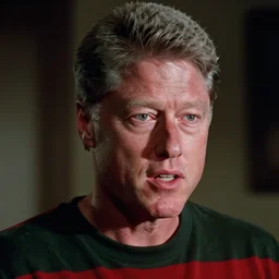 film still close - up shot of bill clinton as freddy krueger from the movie nightmare on elm street. photographic, photography