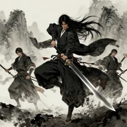 warrior with greatsword dancing in the wind, majestic attire, kimono, long black hair, art by artgerm, ilya kuvshinov, greg rutkowski, inoue takehiko, fromsoftware concept art, dark souls, oriental aesthetic, chinese warrior, mountain environment art