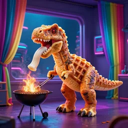 a dinosaur made out of waffles barbecuing chewing gum. in a room with neon rainbow color drapes. outside the window a anachronism noir future.