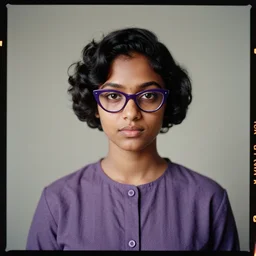 kodak portra 4 0 0, 8 k, highly detailed, britt marling style, colour studio - portrait of a handsome cute 3 0 - year - old black short - haired hyderabadi woman with cat eye glasses wearing purple, muted colours, up face with 1 9 2 0's hair style and cloth style, asymmetrical, hasselblad