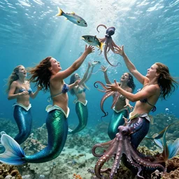 divine group of mermaids throwing and hitting eachother with fishes and octopus, fight scene from action movie by tony scott