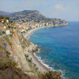 coastal city perched on a cliff overlooking a magnificient bayconcept art oil painting by Jama Jurabaev, extremely detailed, brush hard, artstation