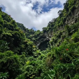 a lush cave full of vibrant flora with fluffy clouds in the ceiling of the cave
