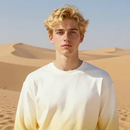 full figure young man, luminous scene, by greg rutkowski and alphonse mucha, d & d character, gradient white to gold, in front of a dune desert background, highly detailed portrait, digital painting, artstation, concept art, smooth, sharp focus illustration, artstation hq