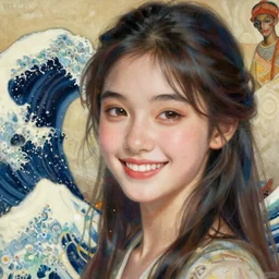 beautiful young heroine portrait like twice tzuyu+happy+smoky eyes+front face with light flowing hair smiling, ultradetail face ,art and illustration by by tian zi and WLOP and alphonse mucha,  great wave of hokusai, fantasy, acryllic spill, intricate complexity, chinese, goddess, holy, divine, rule of thirds, fantasy character concept,  watermark, blurry, hyperrealism 8k