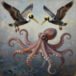 an octopus learning to fly with pelicans, oil on canvas, intricate, 8k highly professionally detailed, HDR, CGsociety