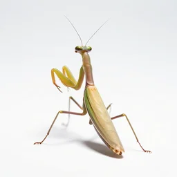 striped praying mantis, studio photography, full body, isolated on a pure white background, centered, entire subject in frame, sharp focus, soft studio lighting