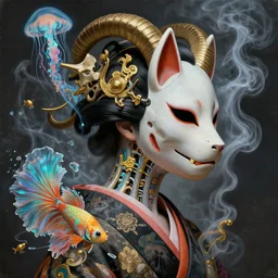 android jones painting of a 3 d goddess close - up profile portrait with smoke biomechanics with ram skull. beautiful intricately detailed japanese crow kitsune mask and classical japanese kimono. betta fish, jellyfish phoenix, bio luminescent, plasma, ice, water, wind, creature, artwork by tooth wu and wlop and beeple and greg rutkowski. gold and black and teal and orange color scheme