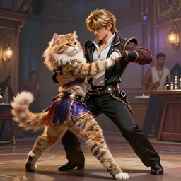 A hyper real comic book style portait painting of two persian cats dancing salsa, unreal 5, hyperrealistic, octane render, cosplay, RPG portrait, dynamic lighting
