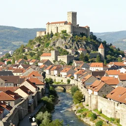 view of medieval walled city nestled in a mountain with small river flowing through center, large castle high up in a mountain peak in the background, alpine architecture, half - timbered, chalet, soft colors, cozy, very beautiful, intricate, majestic, concept art, artgerm, james gurney, trending on art station