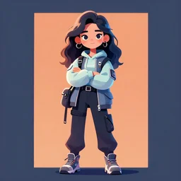 uncropped full body character portrait poster girl with futuristic streetwear and wavy hair holding her arms crossed, complementary colour palette, cute face, pretty face, anime by kuvshinov ilya, artgerm and greg rutkowski, 4 k, hdr, graphic design, adobe illustrator, behance, trending on artstation