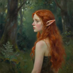 a young woman elf with red hair looks out across the forest. beautiful painting by michael whelan and greg rutkowski