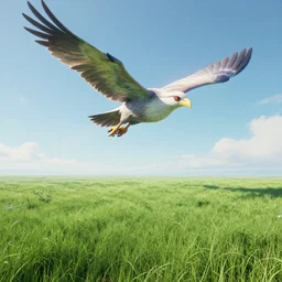 an expansive grassy plain, with a fantastical giant bird soaring above, digital art, fantasy, 8k, trending on artstation