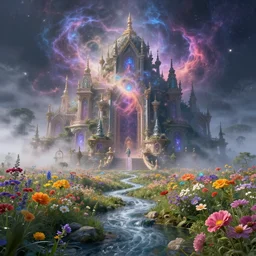a large mystic shrine shrouded by mystic nebula magic in a field of flowers, mad dog jones, breath - taking beautiful flowers, streams, nebula, and mist, an aesthetically pleasing, dynamic, energetic, lively, complex, intricate, detailed, well - designed digital art of magic, streams, flowers, and mist, early morning, light and shadow