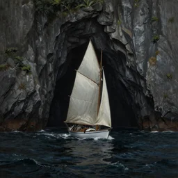 photorealistic painting of a 1 9 2 5 seiner sailing near a short tropical cliff with the mouth of a sea cave at the waterline, dark, brooding, atmospheric, lovecraft, horror, smooth, epic, highly detailed, cinematic, lawren harris