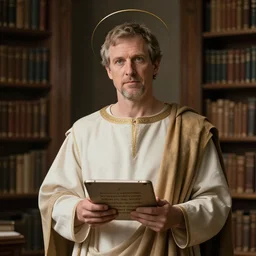 gabe newell in a tunic and with a halo over his head is standing in the game library, holding a tablet with commandments, soft light, realism, maximum detail, high quality, good study of style, depth of field, focus, a picture of classicism