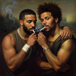 drake and the weeknd smoking by leonardo da vinci, brown skin, classical painting, digital painting, romanticism, vivid color, oil painting