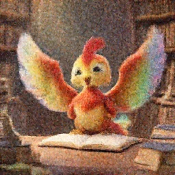 The image evokes a sense of wonder and heartfelt joy. The small phoenix sits at a desk in a magical library and studies