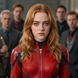 highly detailed, ultra realistic, cinematic portrait, teenage emma stone in red futuristic jumpsuit, high detail, 8 k, sharp focus, movie still, dramatic lighting, ray tracing, smooth, lane brown, finnstark, oleg bulakh, diego fazio, mike dargas, emanuele dascanio, felix englund, michal karcz, yoshitaka