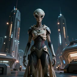 medium shot, an alien with beautiful glowing eyes, detailed symmetrical face and skin, wearing a long flowing cloth shirt over stylish futuristic suit poses beside an outpost with tall detailed structures with lights in the night sky, incredible detail, anamorphic 2 0 mm lens, cinematic flare, photorealistic!!!