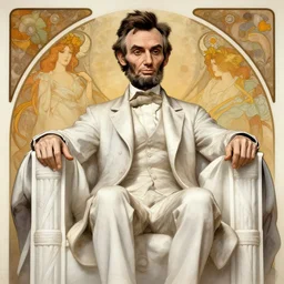 realistic detailed of Abraham Lincoln by Alphonse Mucha, Ayami Kojima, Amano, Charlie Bowater, Karol Bak, Greg Hildebrandt, Jean Delville, and Donato Giancola, Art Nouveau, Neo-Gothic, gothic, rich deep colors