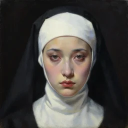 hyperrealism oil painting, complete darkness background, view from above, close - up face portrait, nun fashion model, sad face, pale skin, in style of classicism mixed with 8 0 s sci - fi japanese books art