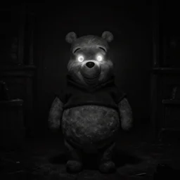 winnie the pooh standing creepily in the middke of a pitch black room with glowing eyes, pitch black, light coming only from his eyes, creepy, dramatic lighting, black and white photograph