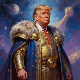 A cyborg Donald Trump as the tyrant emperor of the universe. Trending on ArtStation. A vibrant digital oil painting. A highly detailed fantasy character illustration by Wayne Reynolds and Charles Monet and Gustave Dore and Carl Critchlow and Bram Sels
