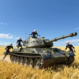 a very high resolution image from nier : automata, featuring 9 s android destroying a t 6 2 russian tank in yellow rye field under pure blue skies