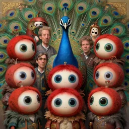 anthropomorphic highly detailed group portrait of funny neon giant cute eyes redcap dmt - peacock, intricate, elegant, highly detailed, digital painting, artstation, concept art, smooth, sharp focus, illustration, art by artgerm, bob eggleton, michael whelan, stephen hickman, richard corben, wayne barlowe, trending on artstation and greg rutkowski and alphonse mucha, 8 k