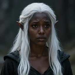 a portrait of a dark female drow elf, pitchblack skin, naive, innocent, worried, young adult, long white hair, style by donato giancola, wayne reynolds, jeff easley dramatic light, high detail, cinematic lighting, artstation, dungeons and dragons