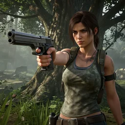 a woman holding a gun in front of a tree, a screenshot by senior environment artist, featured on polycount, photorealism, playstation 5 screenshot, prerendered graphics, xbox 360 graphics