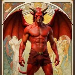 red demon tyler posey in a shorts, large horns, bat - wings, handsome, vivid colors, background, alphonse mucha, rhads, ross tran, artstation, artgerm, octane render, 1 6 k