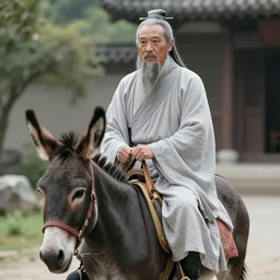photo still of founder of taoism, laozi ride a donkey, 8 k, studio lighting bright ambient lighting key light, 8 5 mm f 1. 8