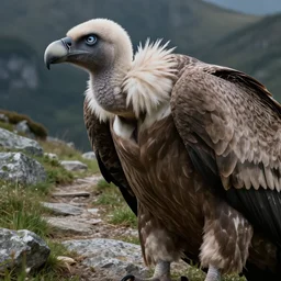 closeup of a griffon vulture. granite and grass mountain path in avila mountains, 4 k, concept art, by wlop, ilya kuvshinov, artgerm, krenz cushart, greg rutkowski, pixiv. cinematic dramatic atmosphere, sharp focus, volumetric lighting, cinematic lighting, studio quality. detailed griffon vulture. feathers. eyes reflections