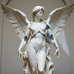 marble sculpture of beautiful female angel with solarpunk mecha humanoid robotic parts with bright led lights, pudica pose gesture, by michelangelo, in white museum, ultra - realistic and intricate, hdr 8 k