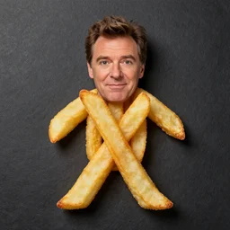 photo of [ a single french fry chip ] shaped into stephen fry as a hybrid intercross mix