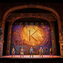 photo of a huge theaterstage, play is dune, 3 actors on stage, 8 k, multicolored, exaggerated detailed, long shot