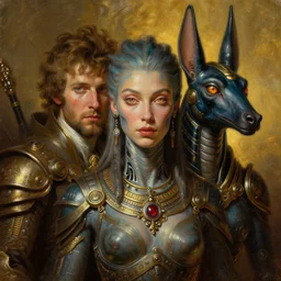 fantasy rpg oil portrait, hybrid, amphibien, cory chase, bella hadid, cybernetic atlantean anubis warrior, penetrating hypnotic eyes, francois boucher, william - adolphe bouguereau, michael cheval, steampunk, hyperdetailed, volumetric golden dappled dynamic lighting, highly detailed, cinematic lighting, unreal engine, 8 k, hd