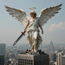 a fallen angel with a broken halo wielding a jagged broken blade standing on top of a skyscraper in the style of anti - art detailed realistic hd 8 k high resolution