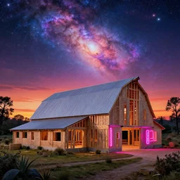 a beautiful very detailed highly detailed housebarn unfinished building by david hockney, landscape galactic sunset synthwave at night neon signs dramatic lighting myst, archdaily, wallpaper, highly detailed, trending on artstation.