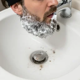 man shaving beard into sink, beard hairs laying in the sink