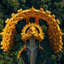 aerial photo of a sculpture made of gold in the jungle, beautiful great arches and detail, massive scale, architectural photography by iwan baan