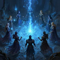 mages in circle summoning from the evil realm. lighting, blue flux. fantasy, digital painting, hd, highly detailed.